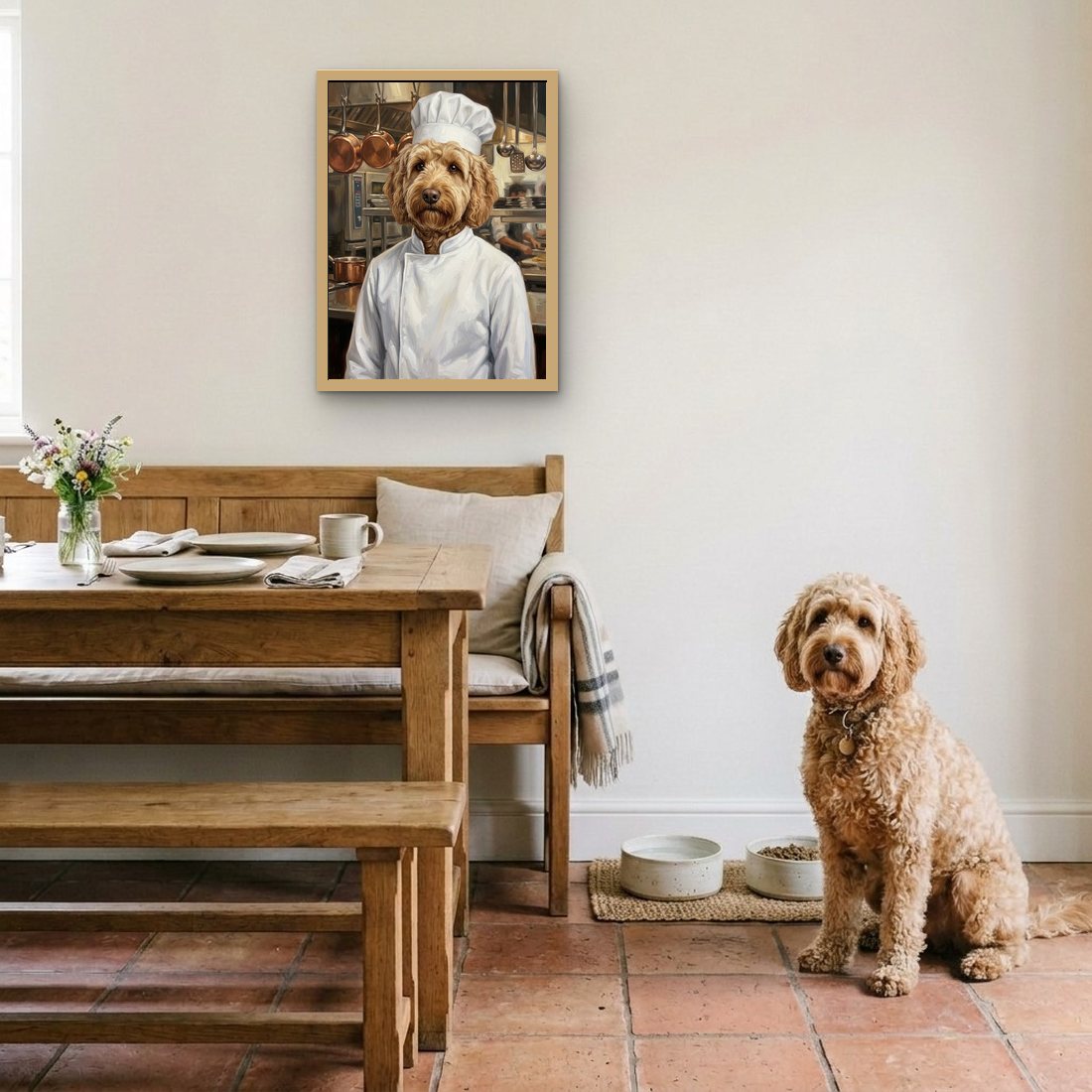 A cockapoo as a framed print in its kitchen