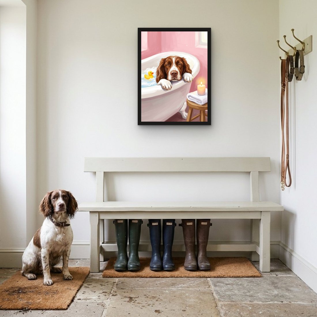 A springer spaniel as a framed print in its boot room