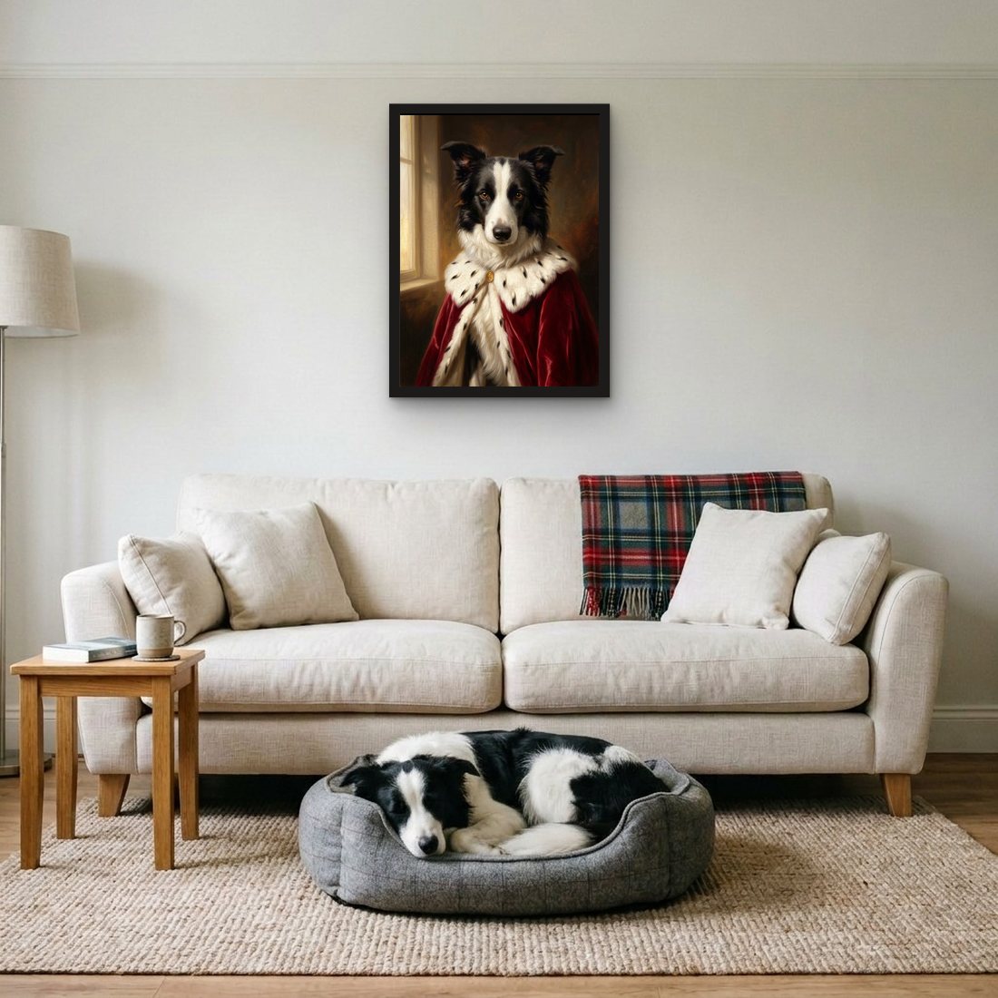 A border collie as a framed print in its living room