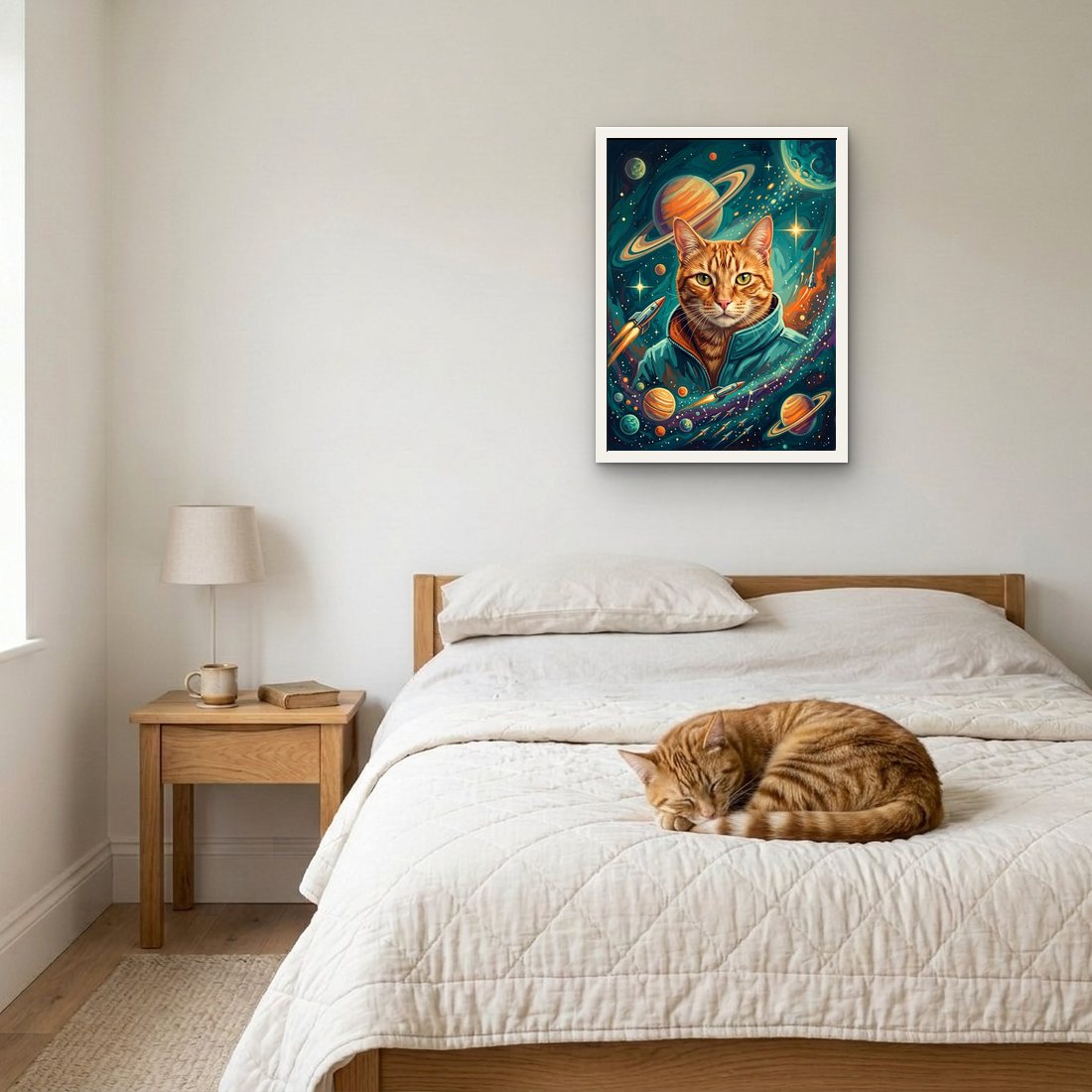 A ginger cat as a framed print in its bedroom