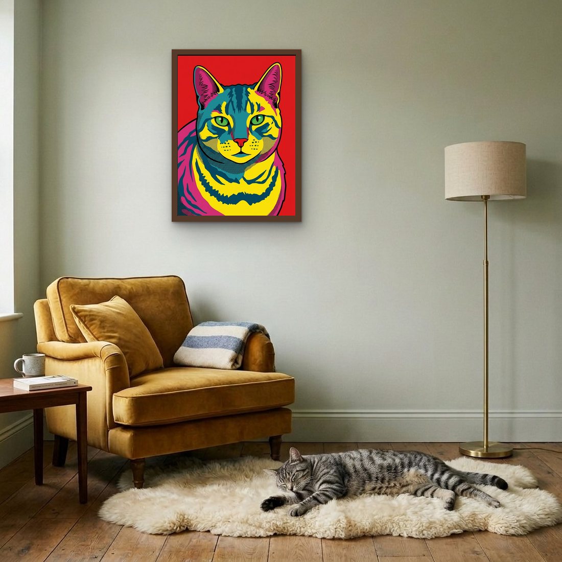 A grey tabby cat as a framed print by its armchair