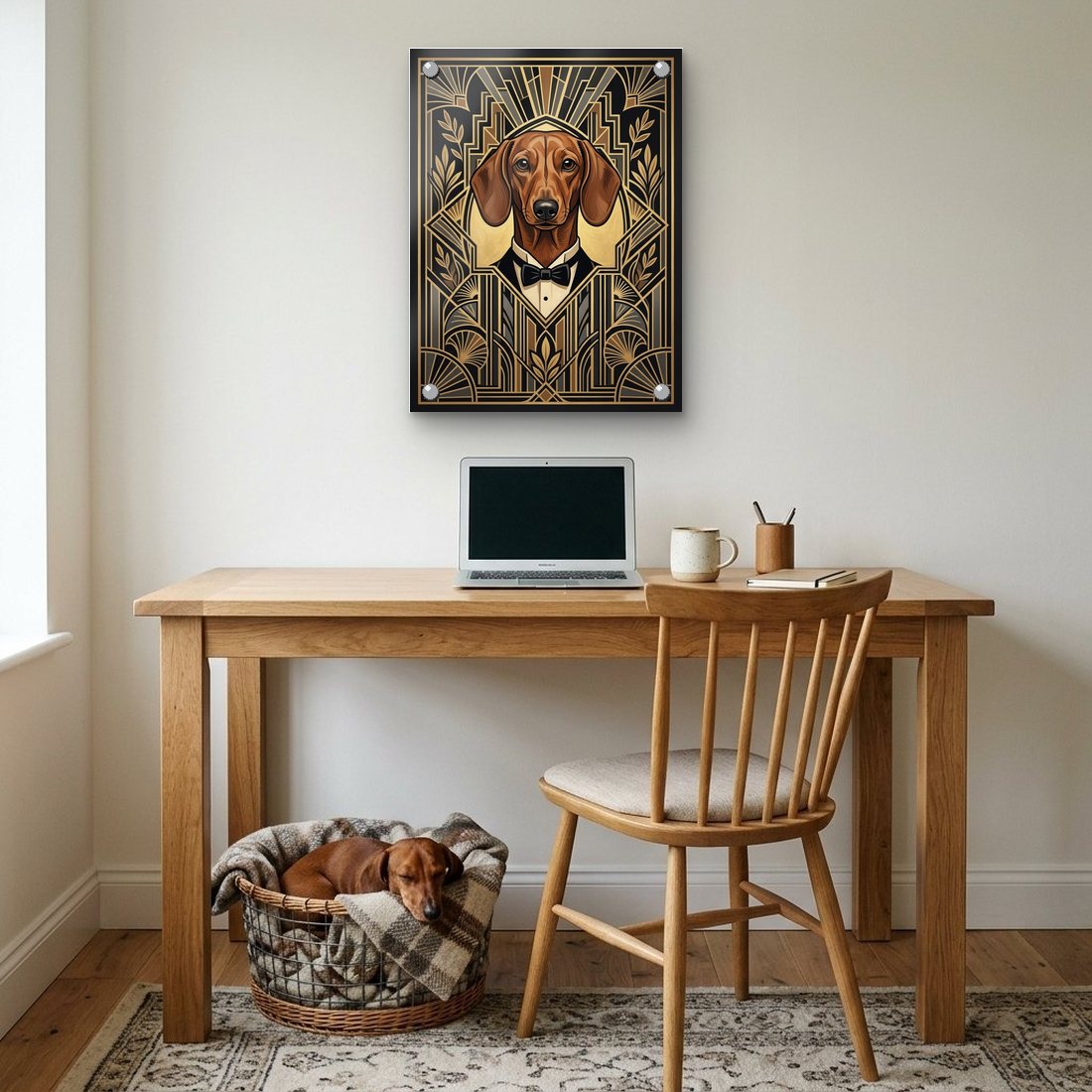 A dachshund as an acrylic print above the desk