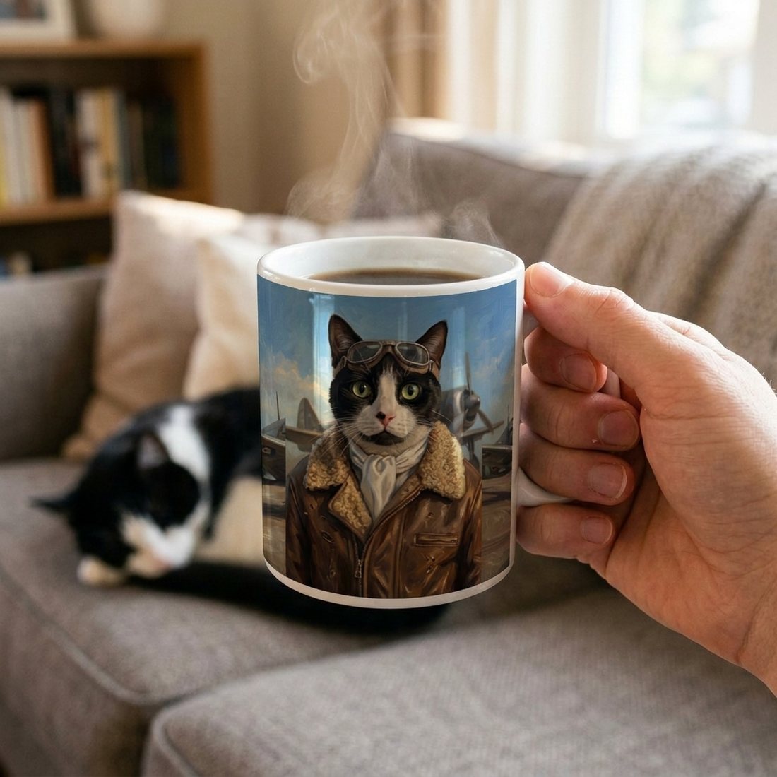 A black and white cat on a mug